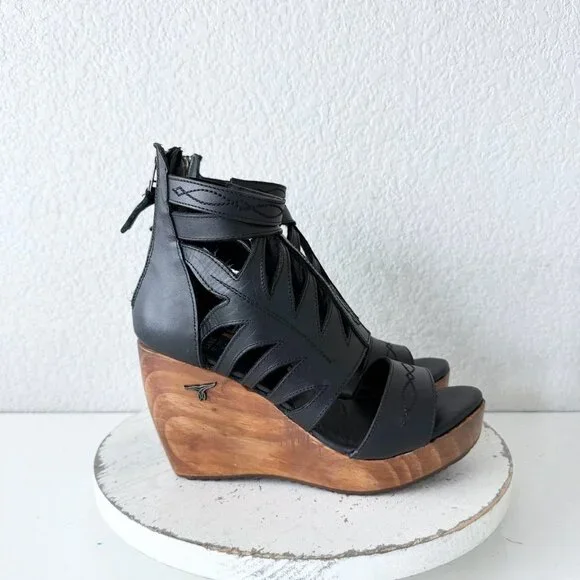 Lane Boots BECCA Womens Black Wedges 8.5 Western Sandals Cowgirl Wooden Heels - Picture 2 of 10